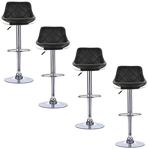 Drumm Lot de 4 Tabourets de Bar avec Dossier&Repose-Pieds,Design Chaise Haute pour Bar,Réglable en Hauteur&Rotative à 360°,Revêtement en Cuir PU(Noir+Blanc-4)