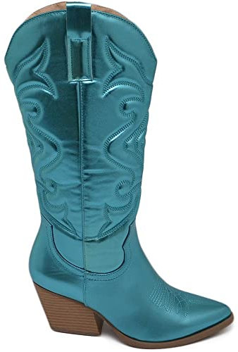 Malu Shoes Stivali donna camperos texani stile western dettagli laser turchese azzurro perlato tacco western 7 cm con zip laterale (38 EU)