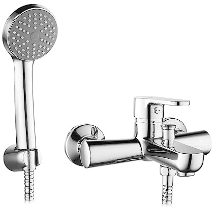 Inbagno Miscelatore Vasca con Kit doccetta, Cromato Lucido in Ottone, Completo di Supporto a Parete e Flessibile, Paco