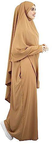Lamishijab Abaya Muslimische Damen, 2-teilig, Maxi Khimar und Abaya, mit Taschen aus Medinenseide, ENS-KH-000, camel, One size