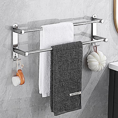 HONPHIER Adjustable Towel Rails 43-78CM Bath Towel Racks Stainless Steel Towel Shelves with Hooks Wall Mounted Towel Holders Towel Bar for Kitchen Bathroom, Black (Silver 2-Tier)