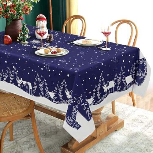 Yrendenge Weihnachtstischdecke Blau Weiß Tischdecke Abwaschbar Outdoor Tischtuch Rechteckig wasserdichte, Cartoon Häuser Baum Elch Tablecloth für Winter Ferien Wohnkultur, 140 x 240 cm