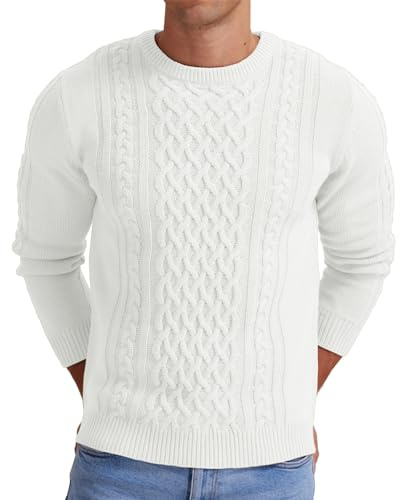Hisir Maglioni da Uomo Maglione Lavoro a Maglia a Cavo Invernale a Girocollo con Filo Spesso e Caldo a Manica Lunga Maglia da Uomo Top (Bianco, S)
