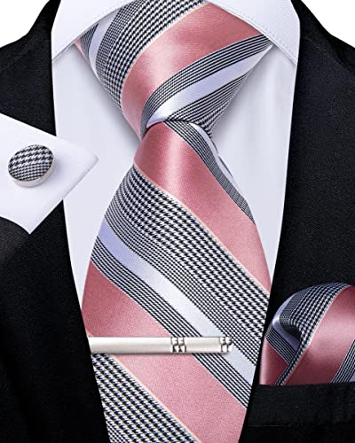 DiBanGu Formelle Herren Rosa und Grau Krawatte Seide Rosa Gestreift Krawatte und Einstecktuch Manschettenknöpfe Krawattenklammer für Smoking Hochzeit Party