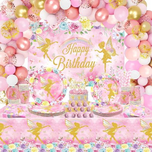 Fairy Party Decoration - Birthday Party Supplies with Plates, Cups, Napkins, Tablecloth, Backdrop, Balloons, Arch, Cake Toppers for Fairy Garden, Flower Girls