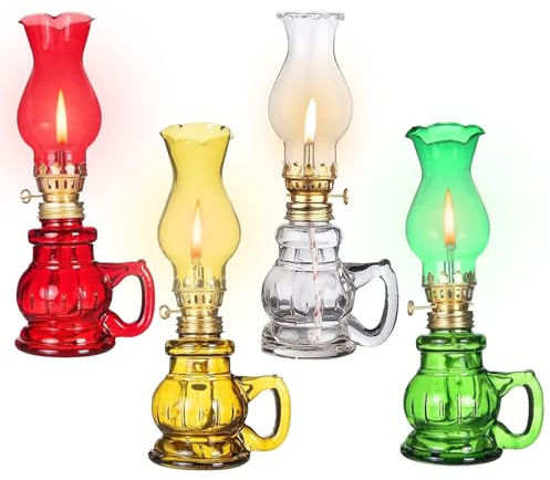 4PCS Chamber Oil Lamp Glass Kerosene Oil Lamps, Vintage Oil Lamps for Indoor, Home Lighting Hurricane Lamp Clear Kerosene Lamp Lantern, Oil Lantern for Tabletop Decor (Yellow Green Red Clear)