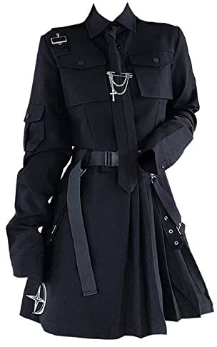 Kingke Ankexin-Broschen für Damen, Streetwear, zweiteiliger Anzug, schwarz, kurzer Anzug mit Punk-Kette, lange Ärmel, unregelmäßiger Bandrock, Übergröße für weibliche Mädchen, XXL, Polyesterfaser