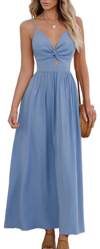 CUPSHE Damen Kleid V Ausschnitt Twist vorne Blumendruck Verstellbares Cami Maxikleid Freizeitkleider Boho Beach Maxi Dress Blau M