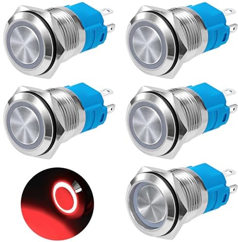 QIMEI-SHOP Interruttore a Pulsante Autobloccante 16mm Pulsanti 12V-24V 3A Impermeabile Interruttori a Pulsante in Ottone Cromato con Luce LED ad Anello Rosso 5 pezzi