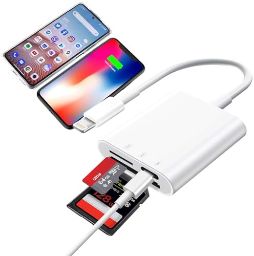 3 in 1 SD Card Reader for i-Phone i-Pad, Memory Card Reader Adapter Support TF/SD/Micro SD Cards, Dual Connectors to Storage Card Compatible for i-Phone 13/12 / 11/8, iOS 9