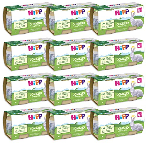 HiPP - Omogeneizzato di Carne per Neonati, Gusto Coniglio con Patate, Senza glutine, Senza Sali e Aromi Aggiunti, Carne Bio, 24 Vasetti da 80 g