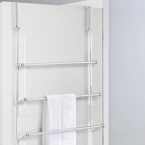 Top Home Solutions® Over Door Towel Rail – 3 Tier Door Towel Rack, 2 Hooks For Hanging, Chrome Stainless Steel, 3 Bars Towel Holder For Bedroom, Bathroom, Kitchen & Garage