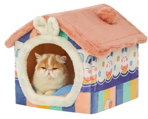 Jiupety Katzenhaus Indoor mit süßen Hasenohren, Katzenhöhle Warm für Katze und Welpen, Größe S Cat House mit Dach, Rainbow Bunny