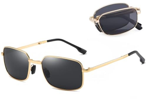 Panlouting Faltbare Photochrome Sonnenbrille mit Polarisierten Gläsern, Metallrahmen und Federbügel, Anti-UV, Antireflexion, fürs Autofahren Angeln Reisen Sport (Schwarze Gläser, Goldener Rahmen)