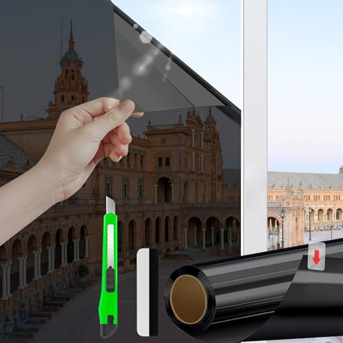 Spiegelfolie Fenster Sichtschutz, 90x400cm Sichtschutzfolie Fenster, Schwarze Fensterfolie Sonnenschutz, Statische Montage Fensterfolie Selbsthaftend, Verdunklungsfolie für Fenster geeignet für Büro