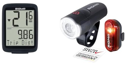 SIGMA SPORT Unisex – Erwachsene Bc 8.0 Wl ATS Fahrradcomputer, Schwarz, Einheitsgröße & LED Fahrradlicht mit Batterien Set Aura 30 und Curve