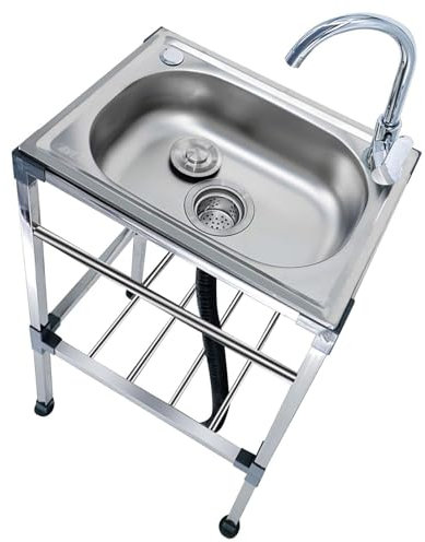 XCKJYDCDB Lavello da esterno autoportante a vasca singola, in acciaio inox, con rubinetto per acqua calda e fredda, portatile, adatto per cucina, sala da pranzo, garage, (53x38x83cm)