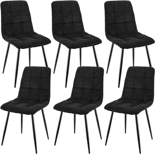 JIJIAN 6er Set Esszimmerstühle, Gepolsterte Stühle mit Leinenstoff und Schwarzen Metallbeinen, Schachbrettmuster, Esszimmerstühle für Esszimmer Wohnzimmer Schlafzimmer Küche Lounge Rezeption