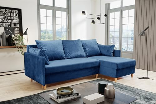 KIER FURNITURE - Ecksofa 210x140 cm - Sofa L Form - Sofa mit Schlaffunktion und Bettkasten - Liegefläche 140×200 cm - Ottomane Links oder Rechts - Schlafcouch, Gästebett - Samt Blau - 210x140x70 cm