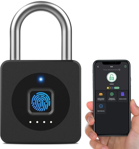Vorhängeschloss Fingerabdruck, Dhiedas Spindschloss, Schloss mit Fingerabdruck und APP, 43MM Vorhängeschloss Wetterfest mit 6MM Dicker Schäkel für Gym Spinde Koffer, Keller, Schule - Schwarz