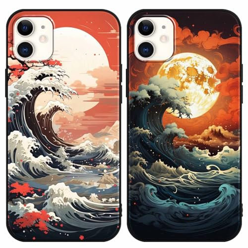 Yimctoie 2 Stück Handyhülle für iPhone 11 Hülle 6,1,Japanische Art Anime Aesthetic Wellen mit Muster Case,Ästhetik Schutzhülle Schwarz Weich Silikon TPU Stoßfeste Kratzfest Cover für iPhone 11