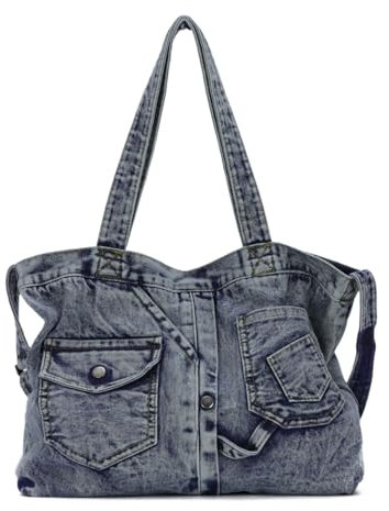 EVEOUT Denim Schultertasche Damen Vintage Denim Tote Tasche mit Schulterriemen Jeans Shopper Umhängetaschen für die Arbeit Urlaub Hochschule