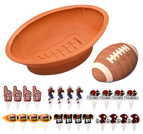 Anglecai Football Cake Pan 12 Inch, Nonstick Football Baking Pan Mold with 24 Pcs Football Cake Topper 3D Football Shaped Silicone Cake Mold for Baking, Chocolate, Football Themed Party