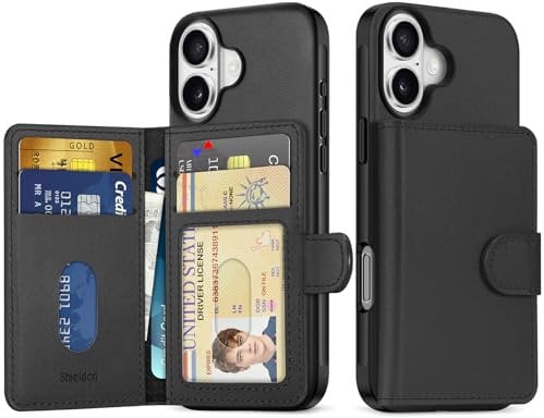 SHIELDON Wallet Case for iPhone 16 6.1, Genuine Leather Minimalist Undetachable Magnetic RFID Blocking 6 Card Slots, Protective Phone Cover for Men Women Compatible with iPhone 16 2024 - Nappa Black