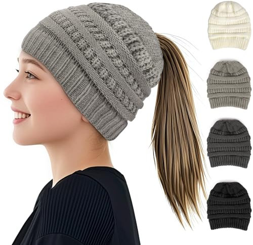 AUYAO Damen Mädchen Strickmütze mit Zopfloch für Pferdeschwanz Wintermütze Gestrickt Beanie Mütze Warme Hut mit Haaren Winter Kappe Beanie Ponytail Cap Damen Häkelmütze Mütze mit Loch Zopf (Hellgrau)