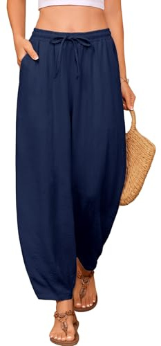 UMIPUBO Femme Pantalon Été Élégant 7/8 Pantacourt Taille Élastique Leger Chic Carotte Baggy pour des Vacances Décontractées Longueur Pants avec Poches A La Plage (Marine, L)