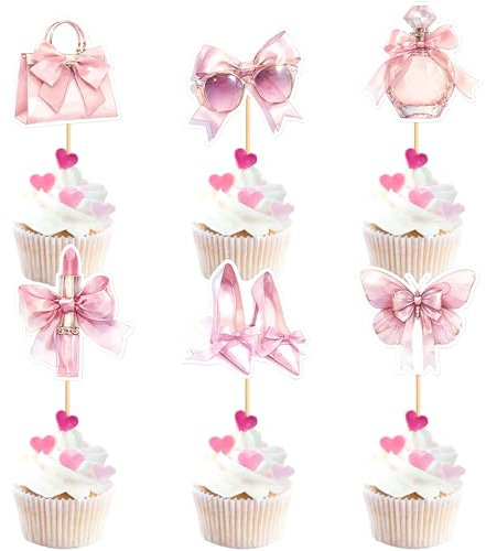 Blumomon 30pcs Makeup Cupcake Topper Handbag Lipstick Perfume Bow Makeup Themed Girl Birthday Party Decoration Supplies