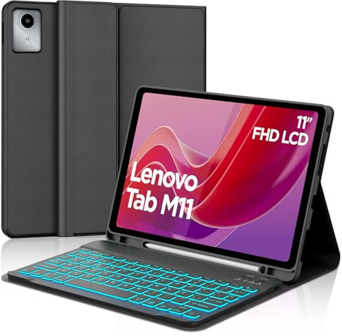 WAVATA Funda con Teclado para Lenovo Tab M11 2024, Español Ñ Tecla para Tab M11- Teclado Inalámbrico Bluetooth Retroiluminado para Lenovo Tab M11 2024 11 Pulgadas TB330FU/TB330XU- Negro