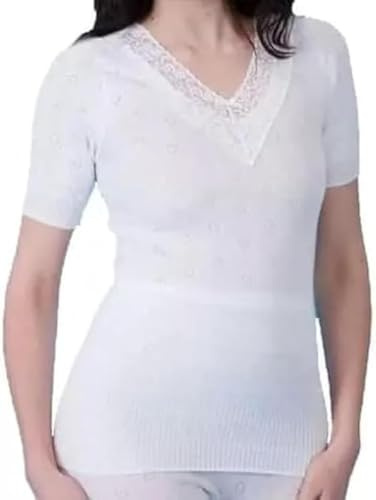 Dplay outlet Women's Thermal Underwear, Soft Base Layer, Warm Winter Wear 100% Cotton (XL, Short Sleeve LACE V Neck) White