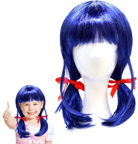 Ladybug Perücke Kinder, Kurze Blau Cosplay Perücke, Ladybird Perücke Mädchen mit Roten Schleifen, Anime Cosplay Wig, Kunstfaser Perücke, für Mädchen Cosplay Anime Kostüm Karneval Maskerade