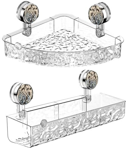joukares 2PCS Bathroom Corner Storage Rack, Suction Cup Shelf, No-Drill Wall Mounted Shower Shelves for Inside Shower Kitchen & Bathroom, Transparent Triangle Shower Organiser Clear