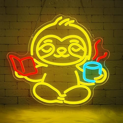 Lxmoneon Lesende Faultier Neon Schild Niedlich Tier Led Neonschild für Wand Kaffee Faultier Neon Sign USB Lektüre Neonlicht für Schlafzimmer Café Klassenzimmer Bibliothek Leseecke Party