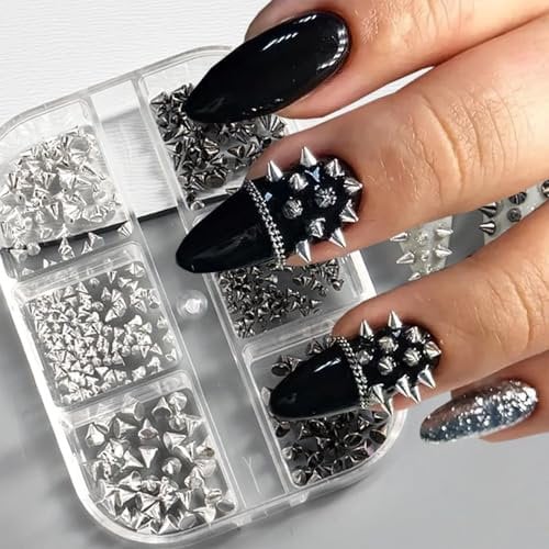 Shimmerz 6 Piece Metallic Rivet Punk Nail Charms, 3D Gothic Punk for Nails Silver Black Cone Tips Stud Pins Nail Art Jewellery Alloy