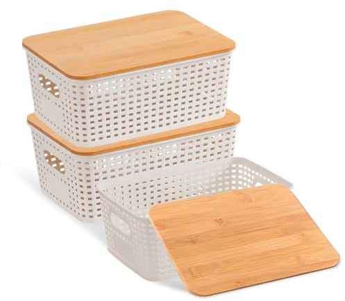 YZROHYI Lot de 3 Boite de Rangement Avec Couvercle,Boite Rangement Salle de Bain Plastique,Panier de Rangements Cuisine,Boîte Rangements Organisateur pour étagèRes, Armoires-25.3 X 18 X 10.2 cm