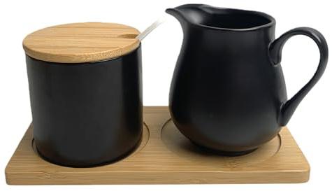 BAIFULAI Set latte e zucchero con coperchio e cucchiaio, bricco per latte in ceramica nera e zuccheriera con vassoio in legno, set di zucchero e latte, in ceramica, contenitore per latte