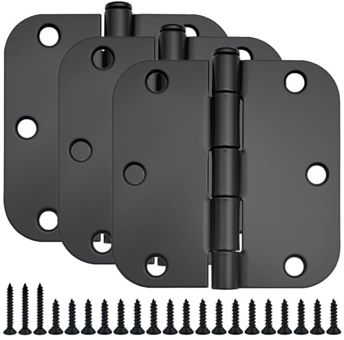 3 Set Matte Black Door Hinges 3.5 Inch 5/8 Radius Corners, Rounded Interior & Exterior Doors Hinge with Long & Short Screws, Heavy Duty Hinges for Doors 3 1/2 Inch Flat Iron Residential Door Hardware