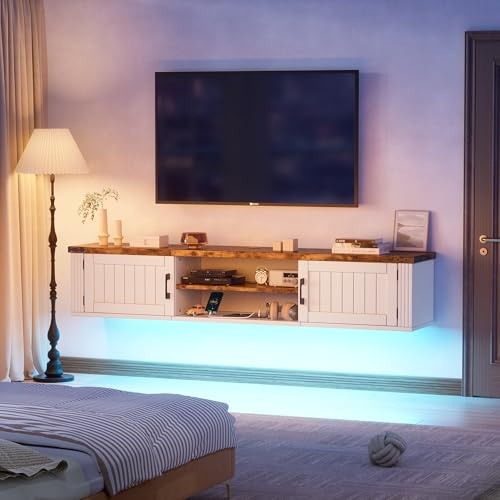 Mueble TV Flotante Pared con Estación de Carga y Luces LED, 160cm Mesa de Televisión Suspendida Estilo Rústico, Consola Media con Almacenaje para Salón y Dormitorio, Blanco y Madera