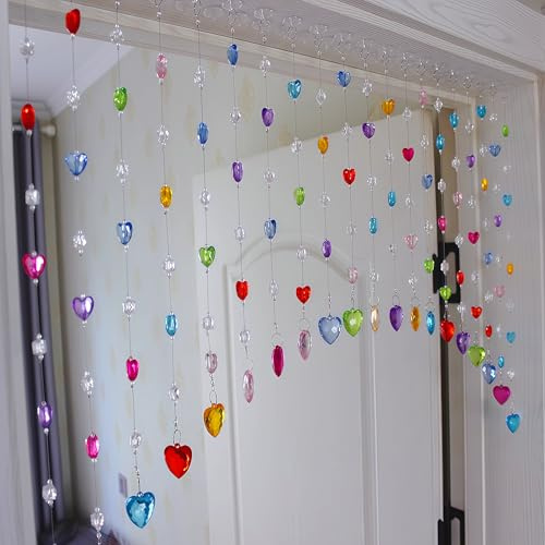 Rekelola Beaded Curtain for Doorways,Hanging Crystal Door Beads Curtains for Windows Room Divider Bedroom Coffee House,Colorful Heart Shape (20 Strings)