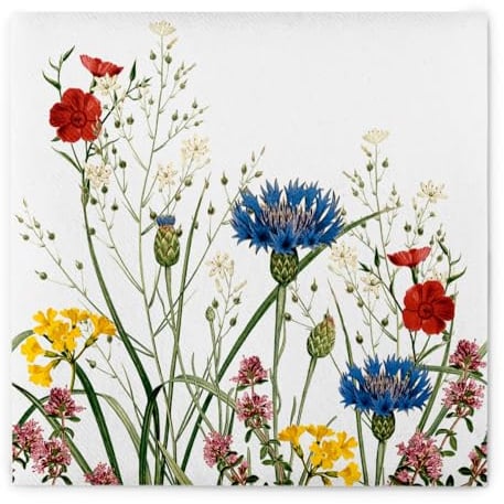 Mank Airlaid Serviette Edith 40 x 40 cm – 50 Stück, stoffähnliche Premium Einweg Servietten, Hochzeit, extra saugstark, Blumenmotiv Blumenwiese bunt in Rot Lila Blau Grün, Dinnerservietten