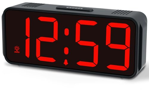 Eachui Batteriebetrieben Wecker Digital mit Automatischer Dimmer,Kleiner | Ohne Ticken wecker für Kinder, Uhr Lautstärke und Helligkeit Einstellbar, Snooze, 12/24HR(Rot Ziffern)
