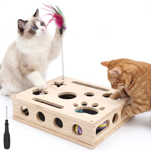Wooden Cat Scratch Puzzle Enrichment Box, Interactive Kitten Nail File Toy & Treat Maze, Natural Wood Foraging Box for Indoor Cats with Sandpaper Interior & Teaser Wand Accessory(Natural Wood Finish)