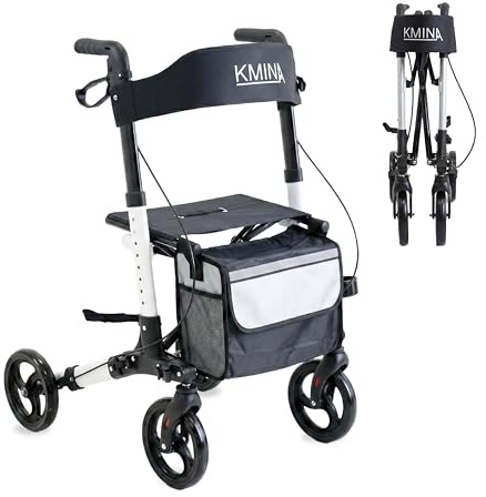 KMINA Rollator faltbar mit Sitz, Höhenverstellbar, Bremshebel, Weiß | Leicht und kompakt, Abnehmbare Tasche, Stockhalterung, Feststellbremse, Für Senioren und Erwachsene, Modell Advance