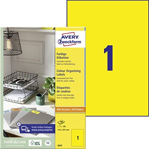AVERY Zweckform 3473 Gelbe Etiketten (100 Aufkleber, 210x297mm auf A4, permanent haftend, selbstklebende Farbetiketten, Papier matt, bedruckbare, farbige Klebeetiketten) 100 Blatt