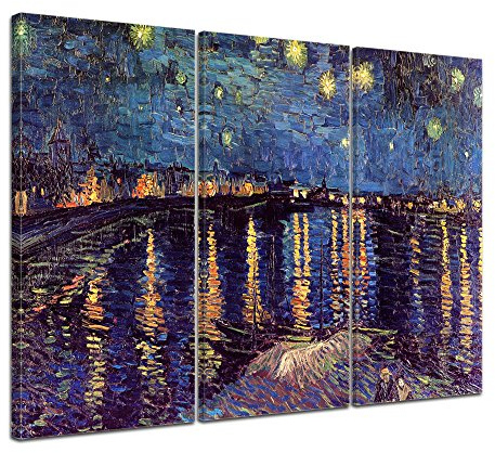Bilderdepot24 Bild auf Leinwand | Vincent van Gogh Sternennacht über der Rhône in 150x90 cm mehrteilig als Wandbild XXL | Wand-deko Dekoration Wohnung alte Meister | 180310-150x90-3tlg