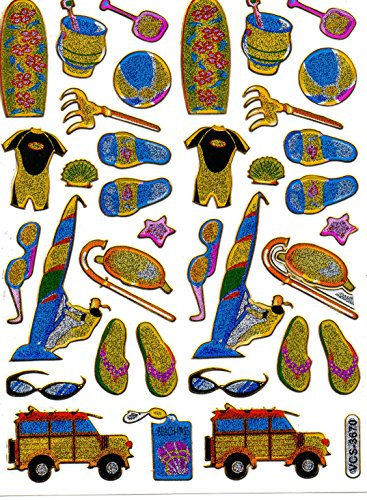 Urlaub Strand Surfen Aufkleber 34-teilig 1 Blatt 135 mm x 100 mm Sticker Basteln Kinder Party Metallic-Look