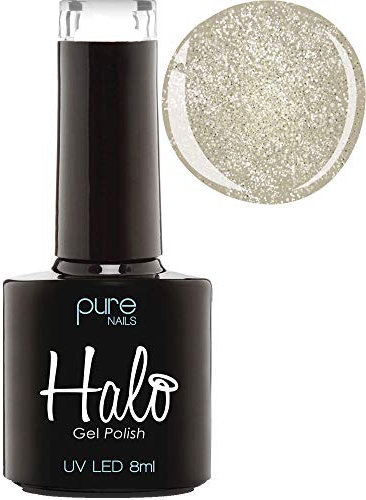 Halo Gel Polish 8ml - White Gold Sparkle. UV/LED Gel Nail Polish, Long Lasting & Easy To Apply. Nail Art Colours For Manicure & Pedicure. Gel Polish For Professional & Home Use.